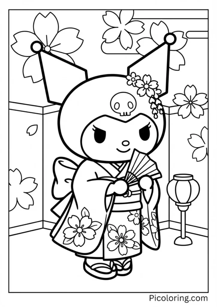 Kuromi wearing a traditional Japanese kimono