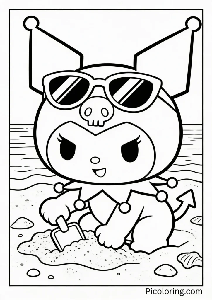 Kuromi wearing sunglasses and playing in the summer sand