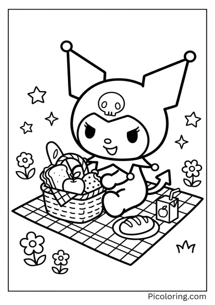 Kuromi with a basket of food on a blanket