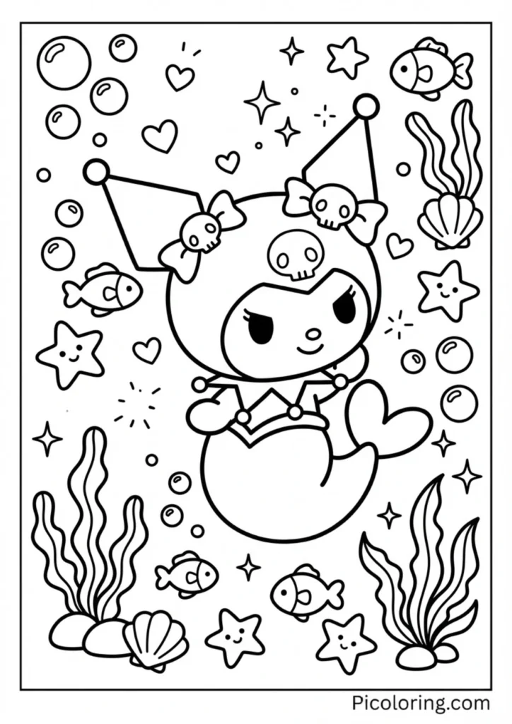 Kuromi with a mermaid tail swimming underwater