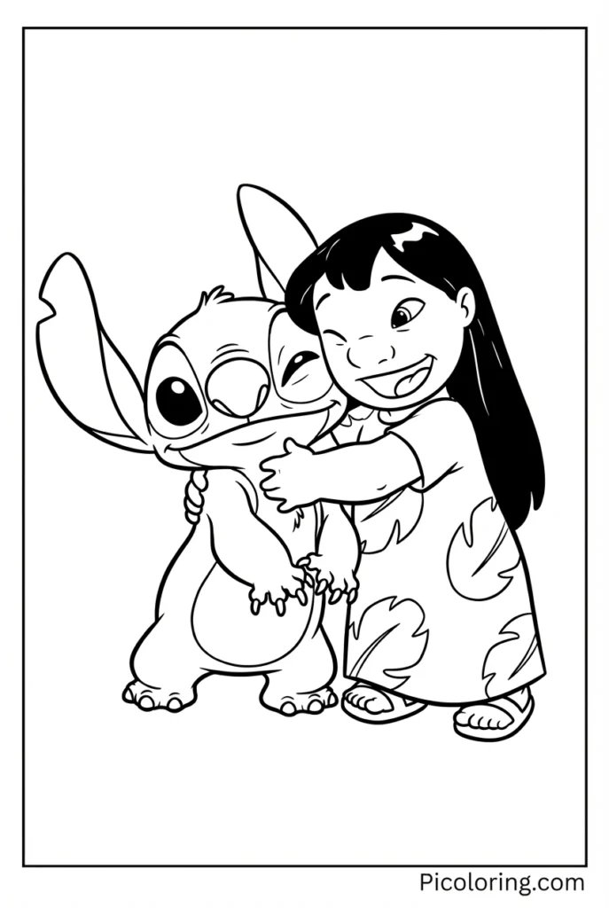 Lilo giving Stitch a warm, loving hug with both smiling happily