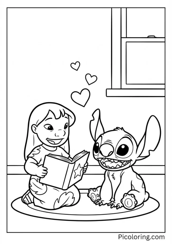Lilo holding a storybook while Stitch listens with wide curious eyes