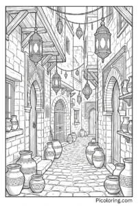 Narrow streets with archways, pots, and hanging lanterns Narrow streets with archways, pots, and hanging lanterns