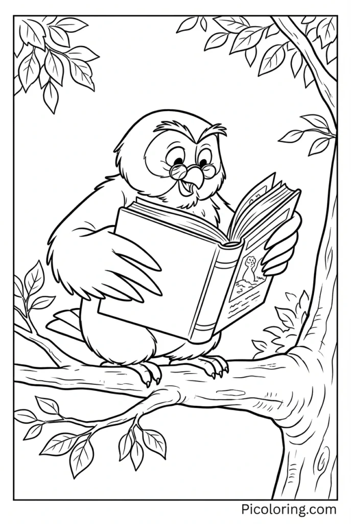Owl sitting on a branch reading a big book