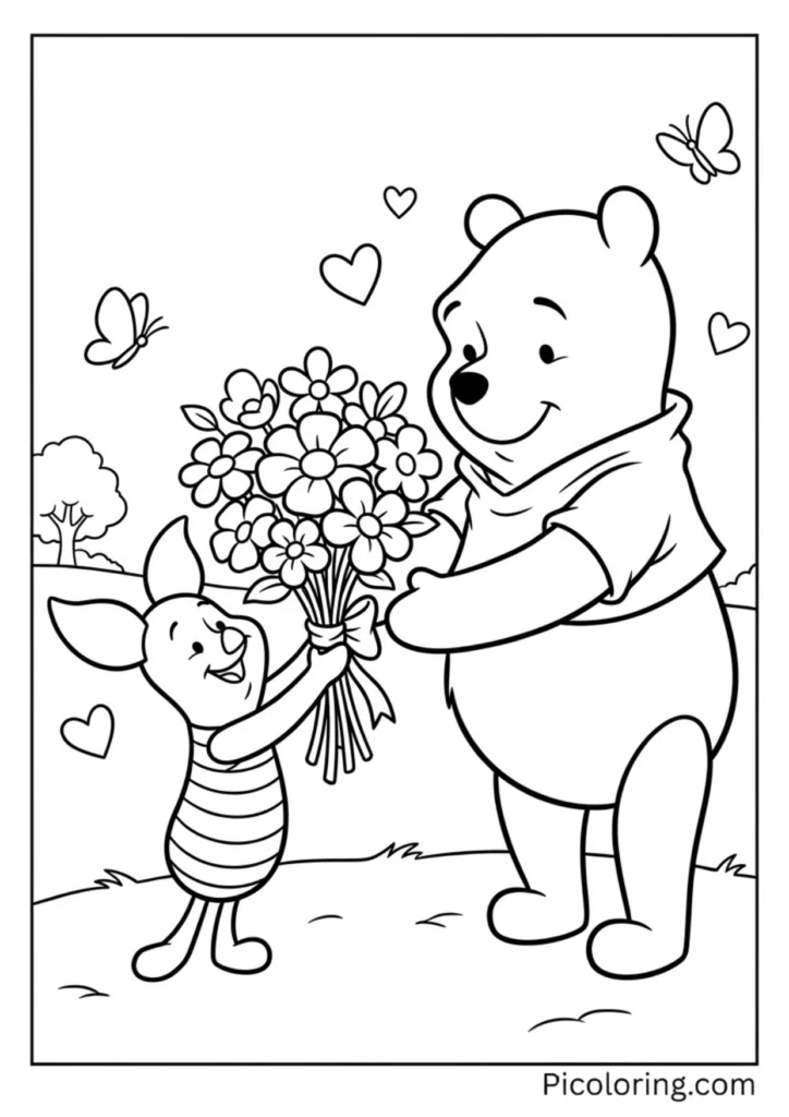 Piglet handing a bouquet of flowers to Pooh