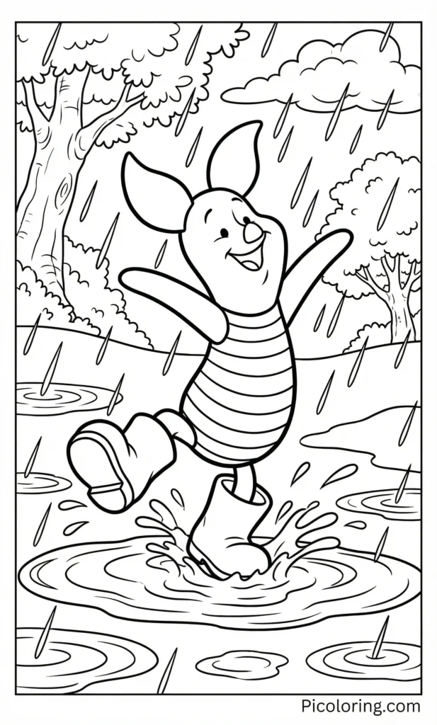 Piglet jumping in rain puddles with boots