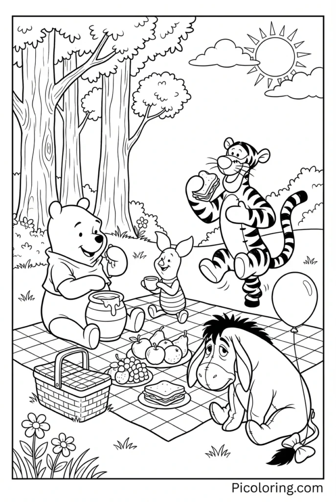Pooh, Piglet, Tigger, and Eeyore having a picnic