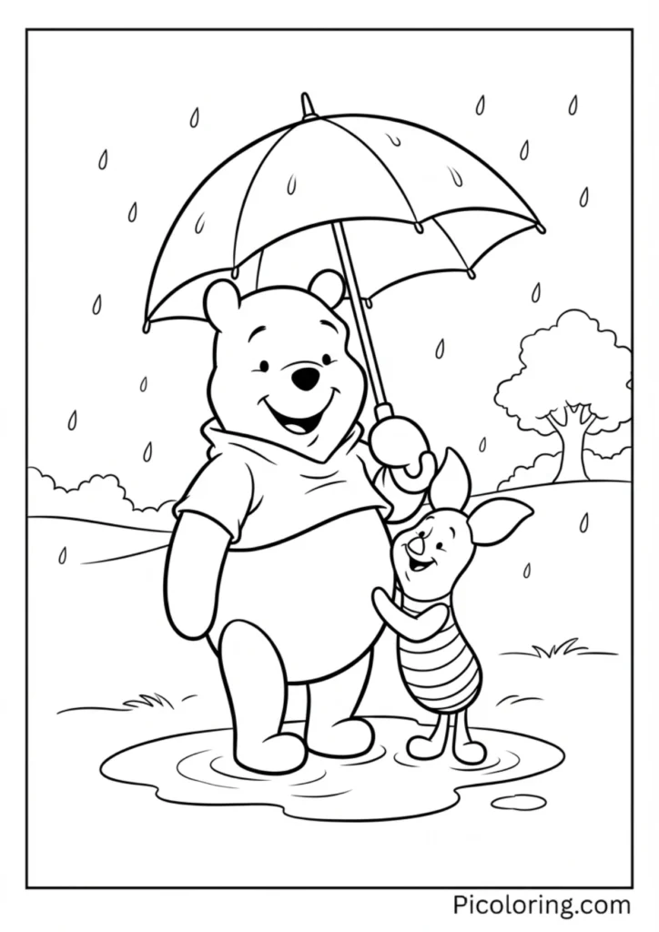 Pooh and Piglet sharing a small umbrella in the rain
