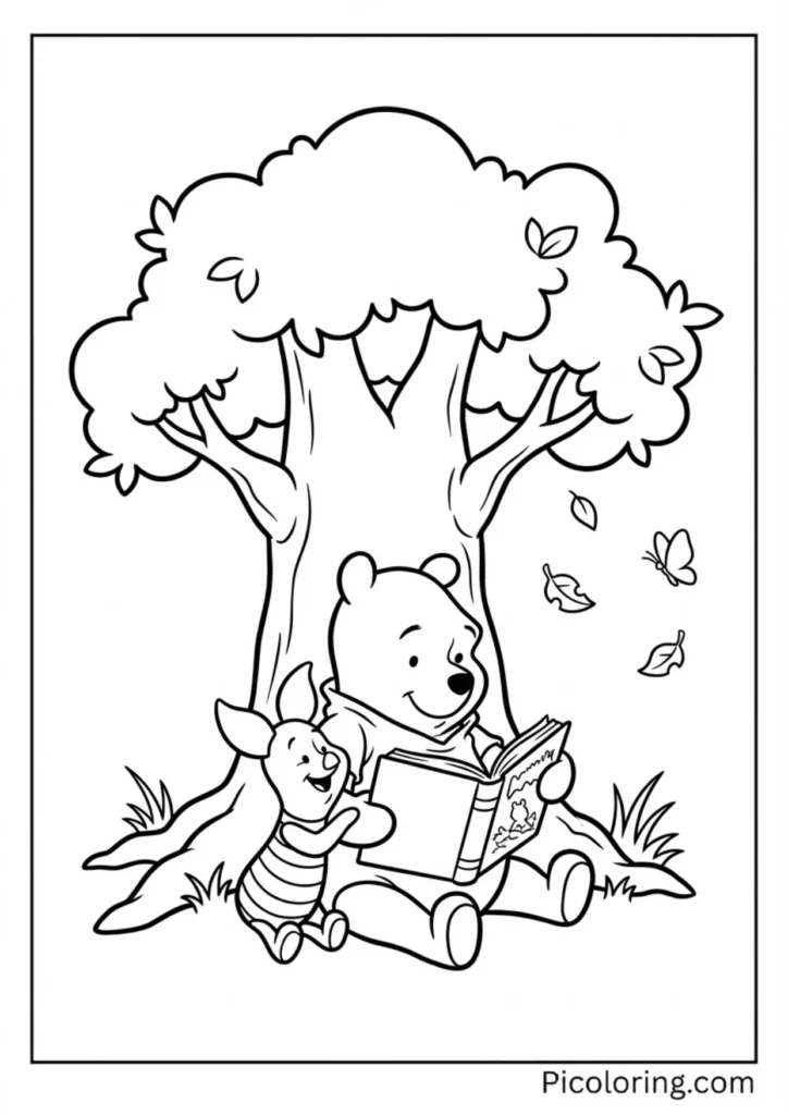 Pooh and Piglet sitting under a tree reading a storybook