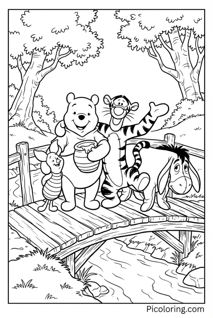 Pooh and friends standing on the wooden bridge