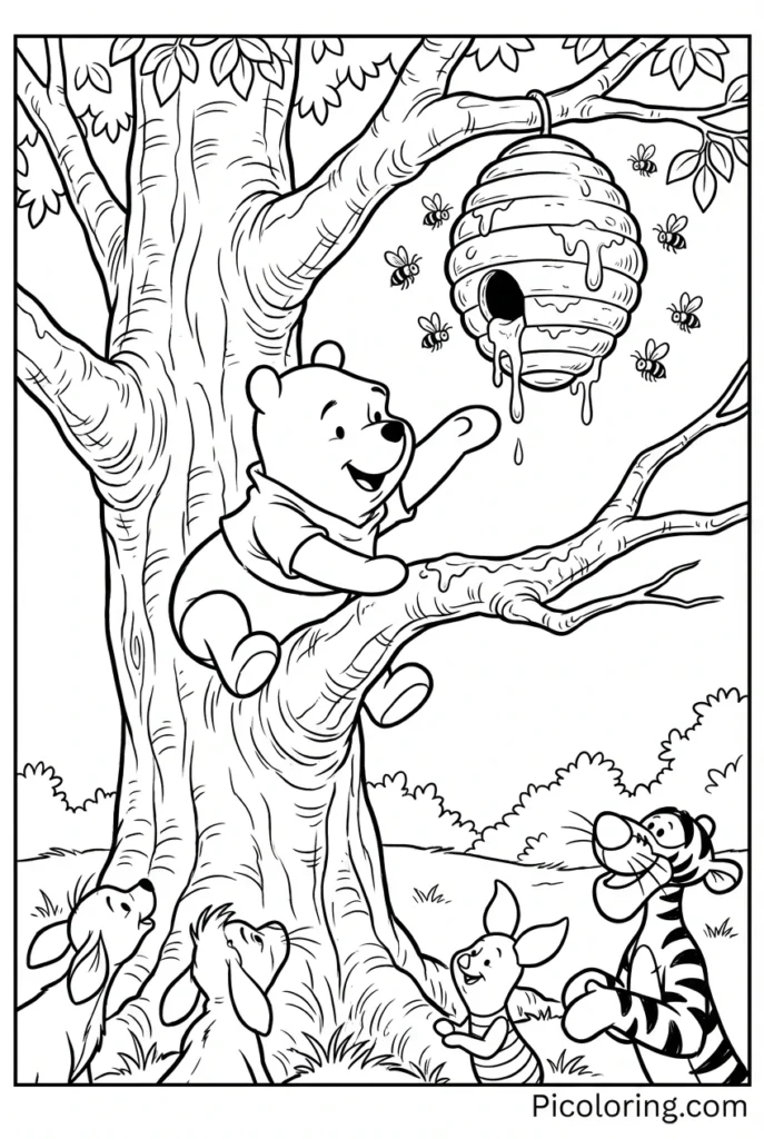 Pooh climbing up a tall tree to reach a beehive full of honey