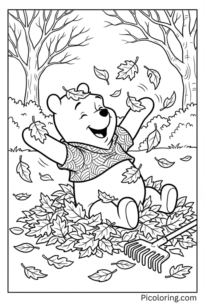 Pooh playing in a pile of colorful fall leaves