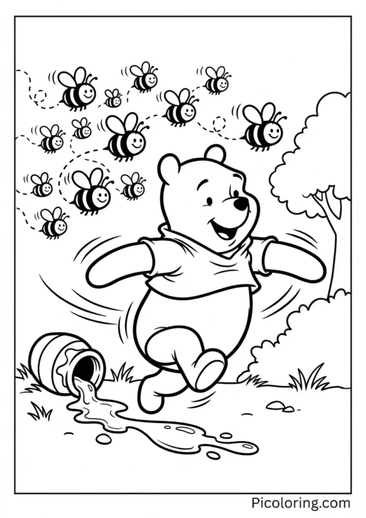Pooh running away from a swarm of friendly bees