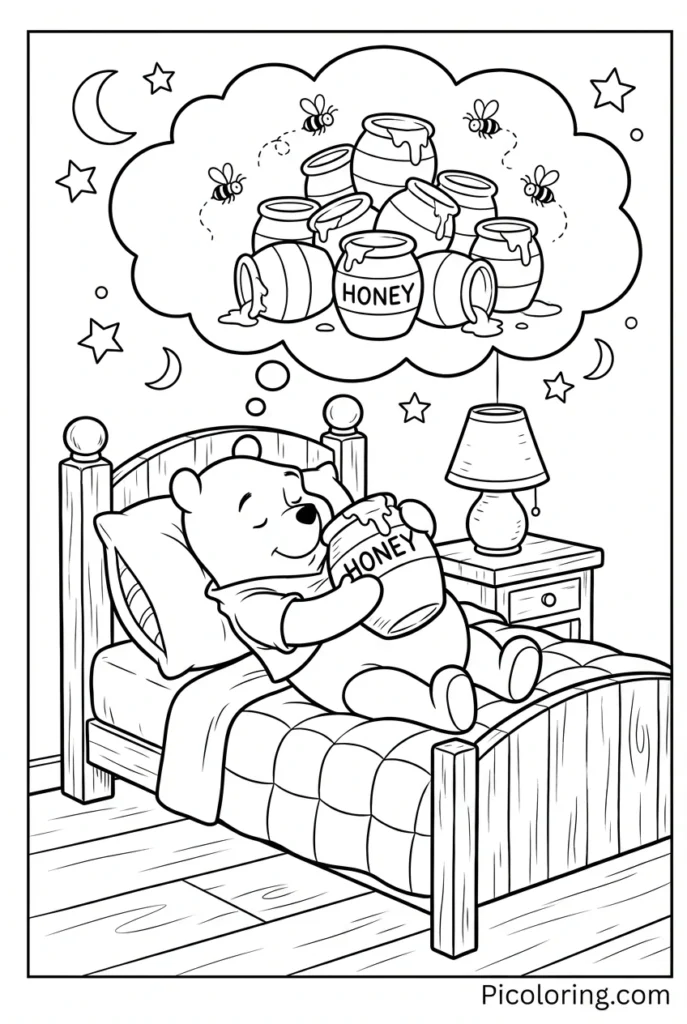 Pooh sleeping with honey pot dreams in a thought bubble