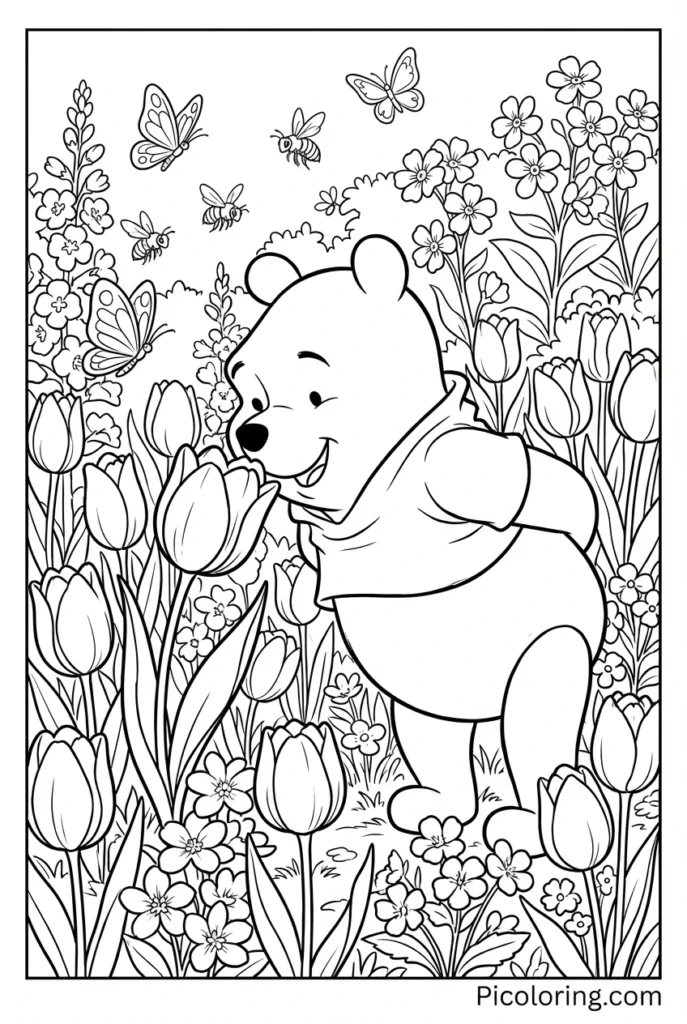 Pooh smelling tulips in a spring garden
