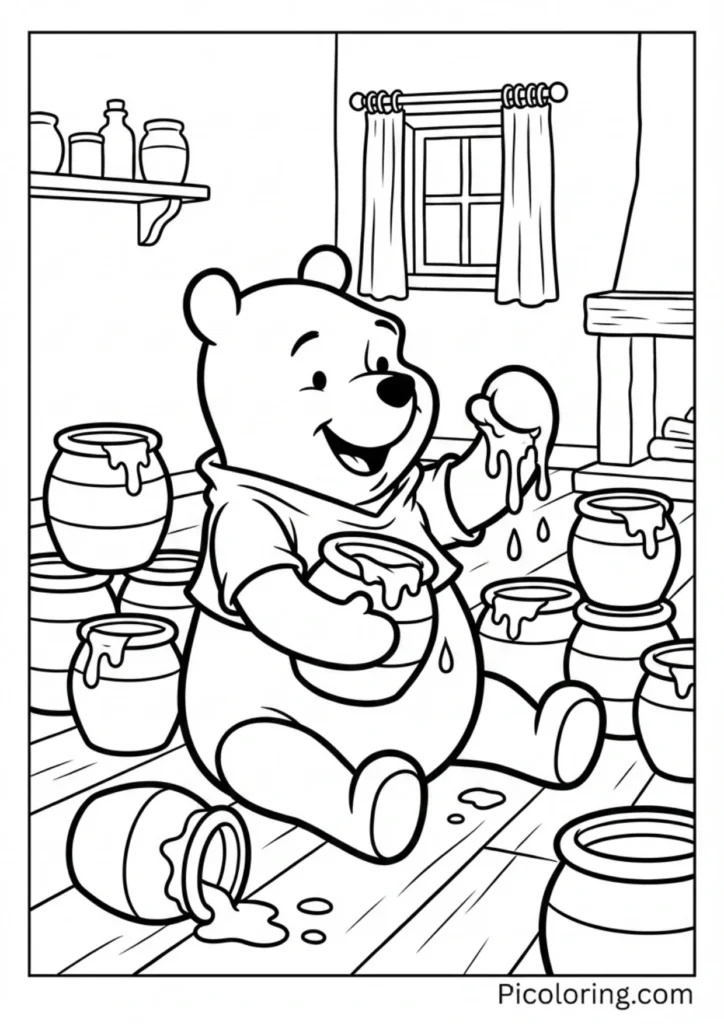 Pooh surrounded by many honey pots in his cozy home