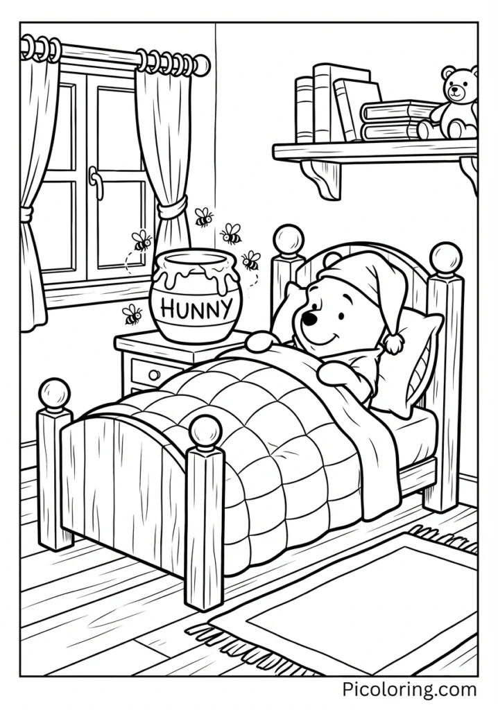 Pooh tucked into his little bed with a honey pot nearby