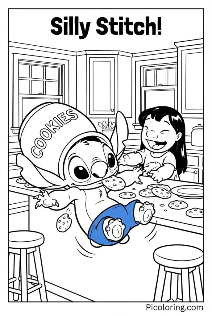 Silly Stitch with his head stuck in a cookie jar