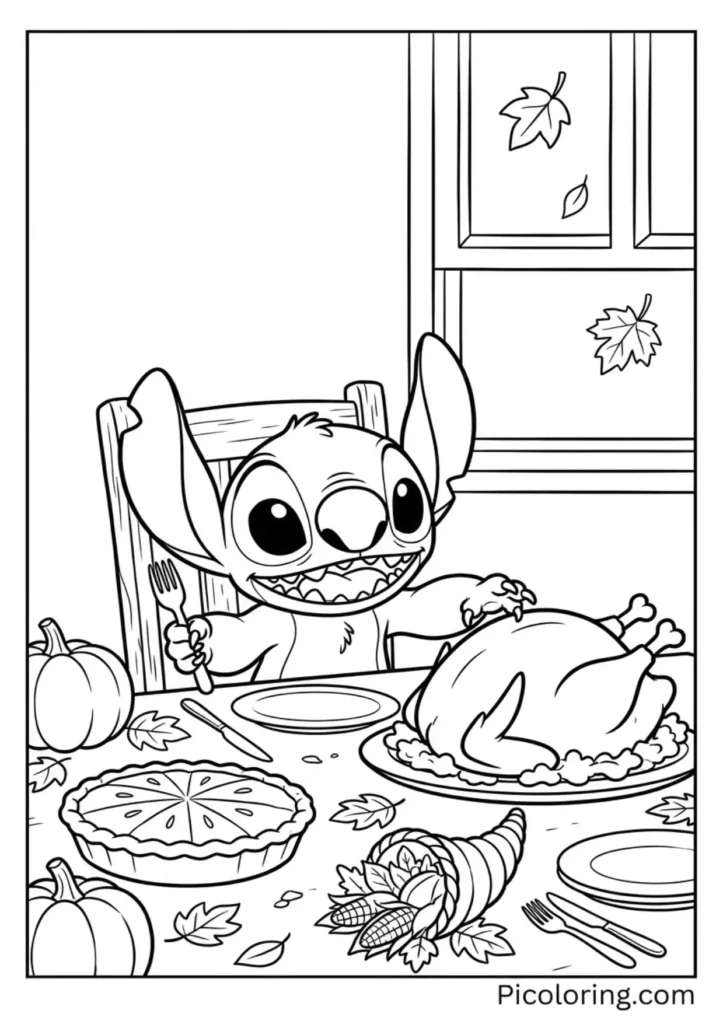 Stitch at a dinner table with turkey, pie, and fall decorations