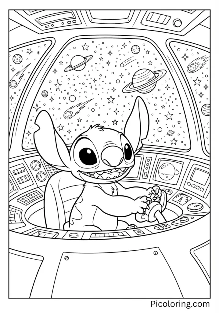 Stitch at the controls of his red spaceship flying through stars
