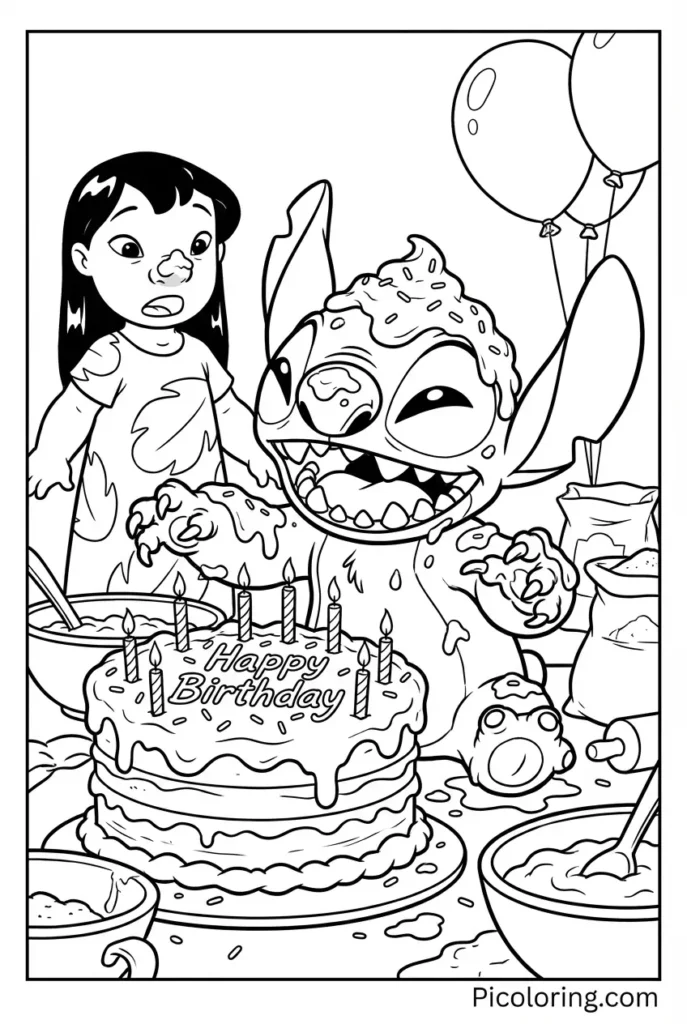 Stitch covered in frosting while decorating a birthday cake