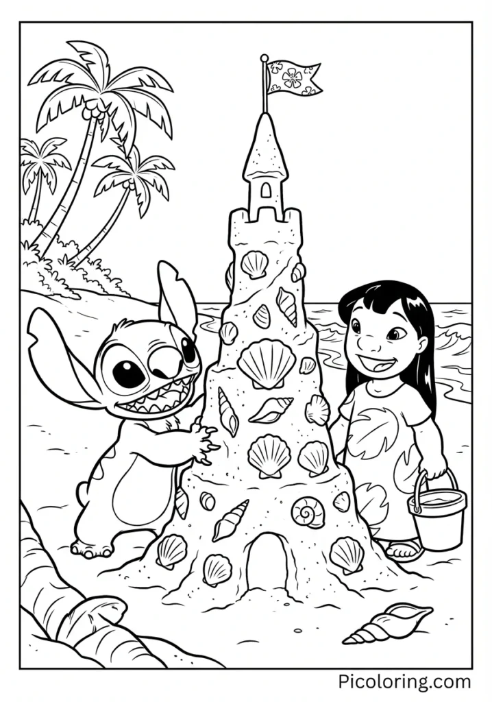 Stitch creating a tall sandcastle decorated with shells and a little flag on top