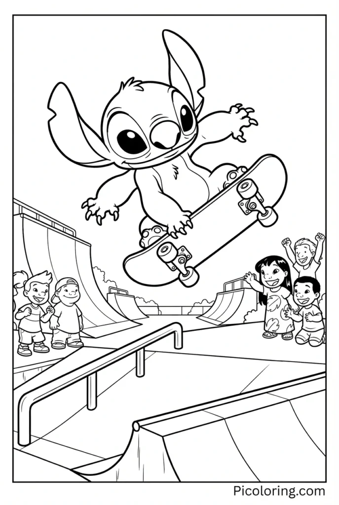 Stitch doing cool tricks on a skateboard at a skate park