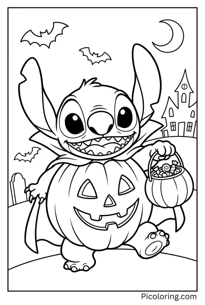 Stitch dressed as a vampire or pumpkin for trick-or-treating