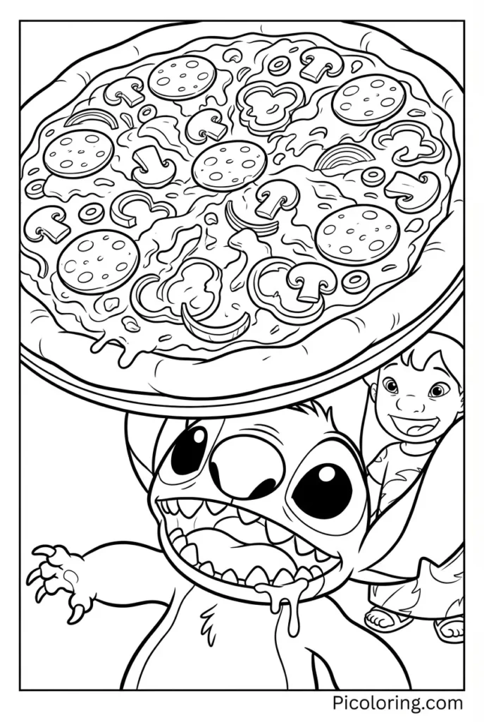 Stitch excitedly looking at an oversized pizza with lots of toppings
