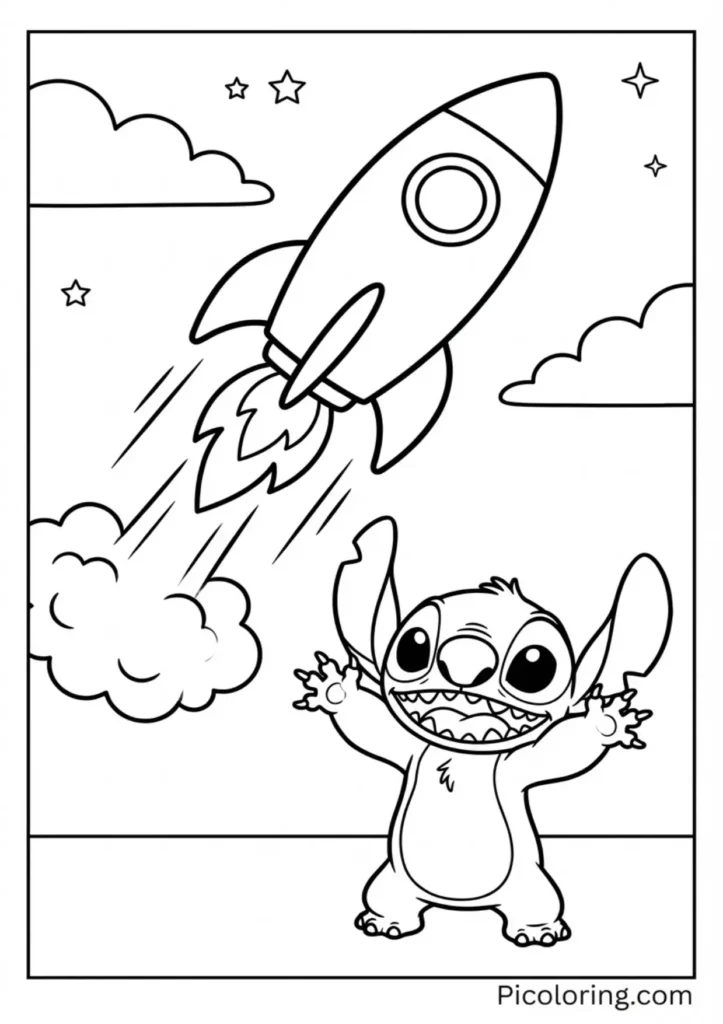 Stitch excitedly watching a rocket blast off into the sky