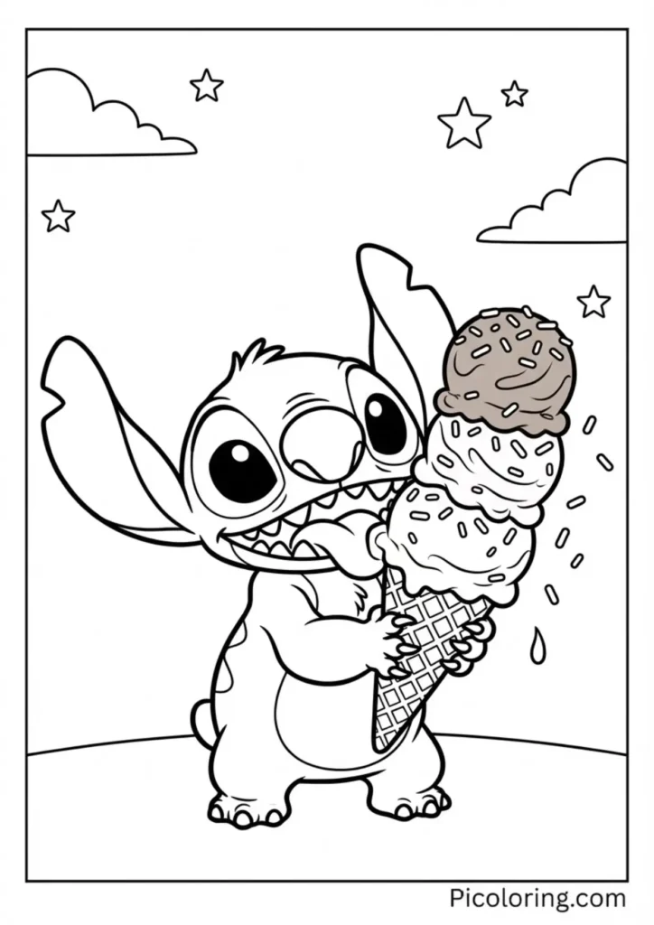 Stitch happily licking a triple-scoop ice cream cone with sprinkles