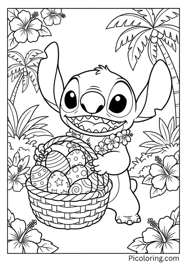 Stitch holding a basket full of decorated Easter eggs