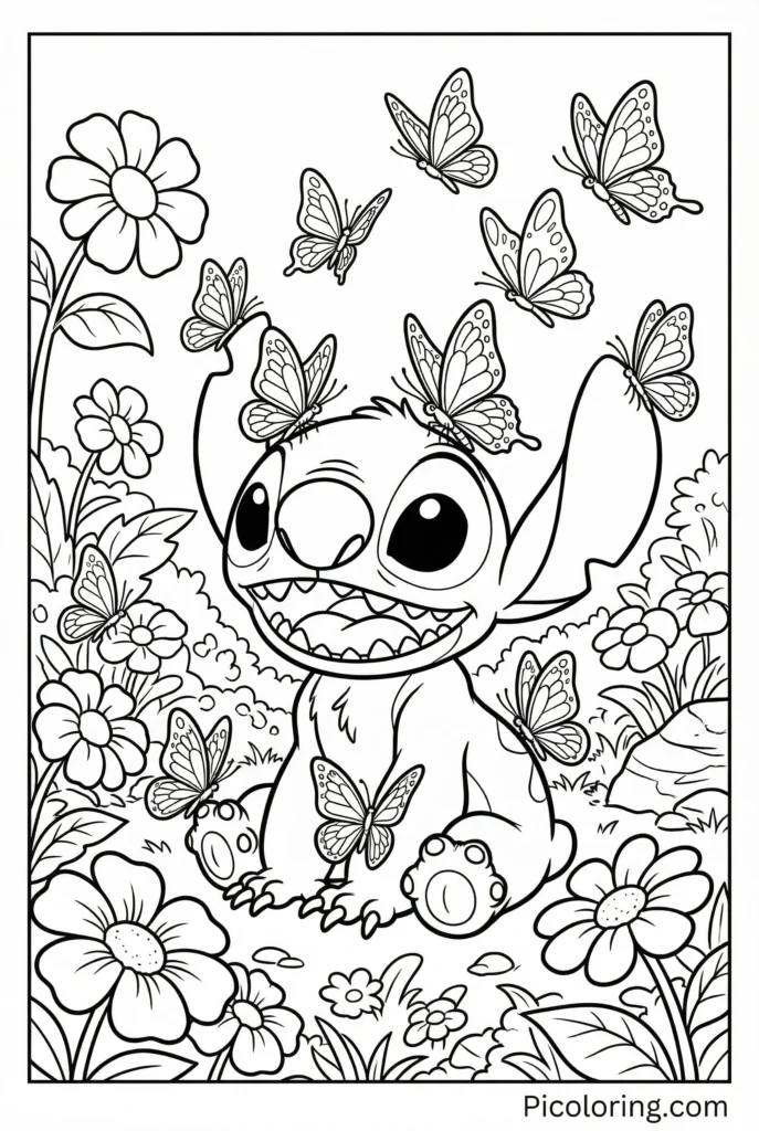 Stitch in a garden surrounded by colorful butterflies landing on him