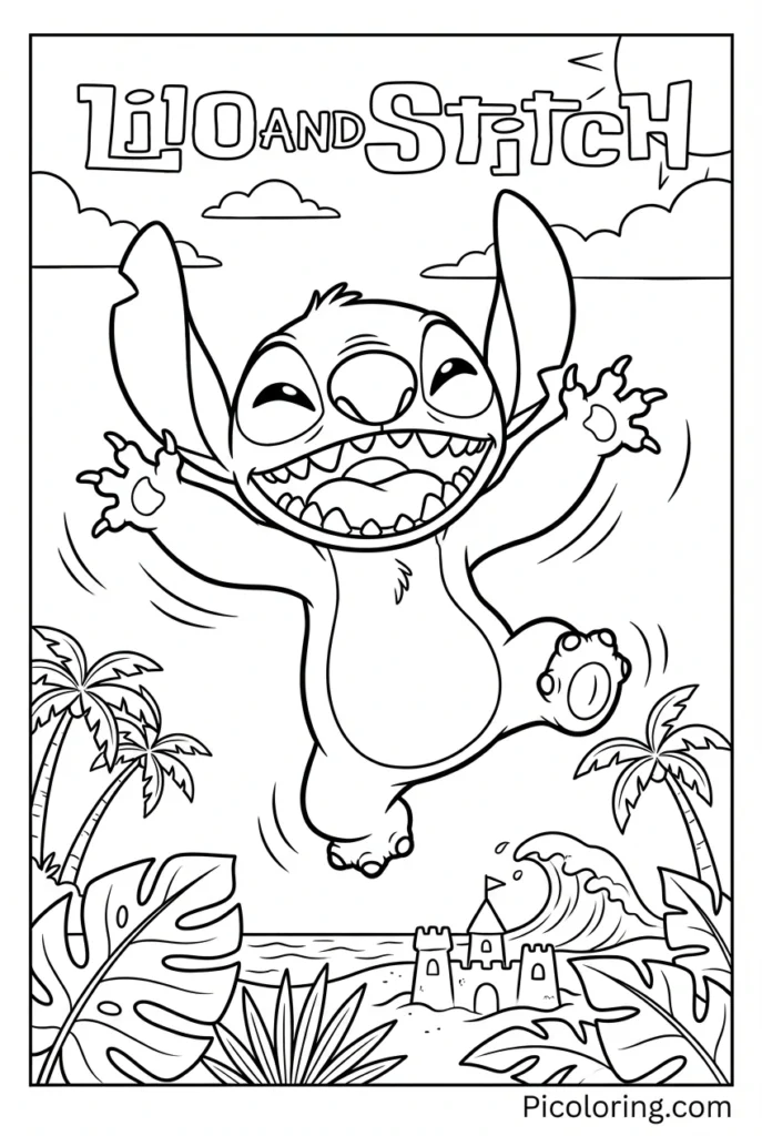 Stitch jumping for joy with the biggest smile on his face