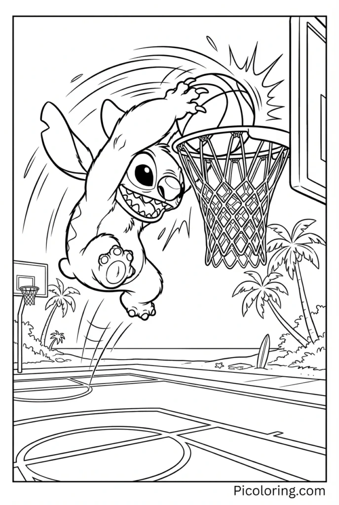 Stitch jumping high to dunk a basketball into the hoop