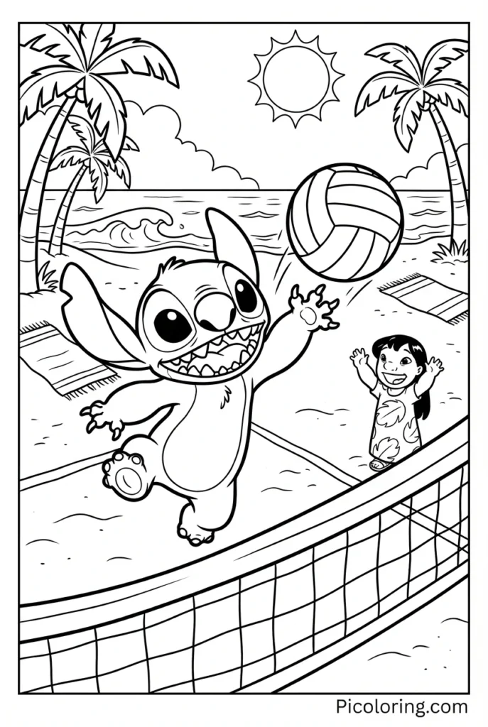 Stitch jumping to hit a volleyball over a net on the sandy beach