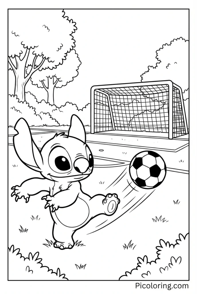 Stitch kicking a soccer ball on a grassy field toward a goal