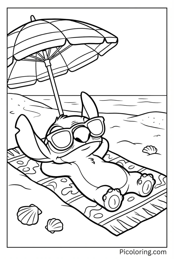 Stitch lying on a beach towel wearing sunglasses under a striped umbrella