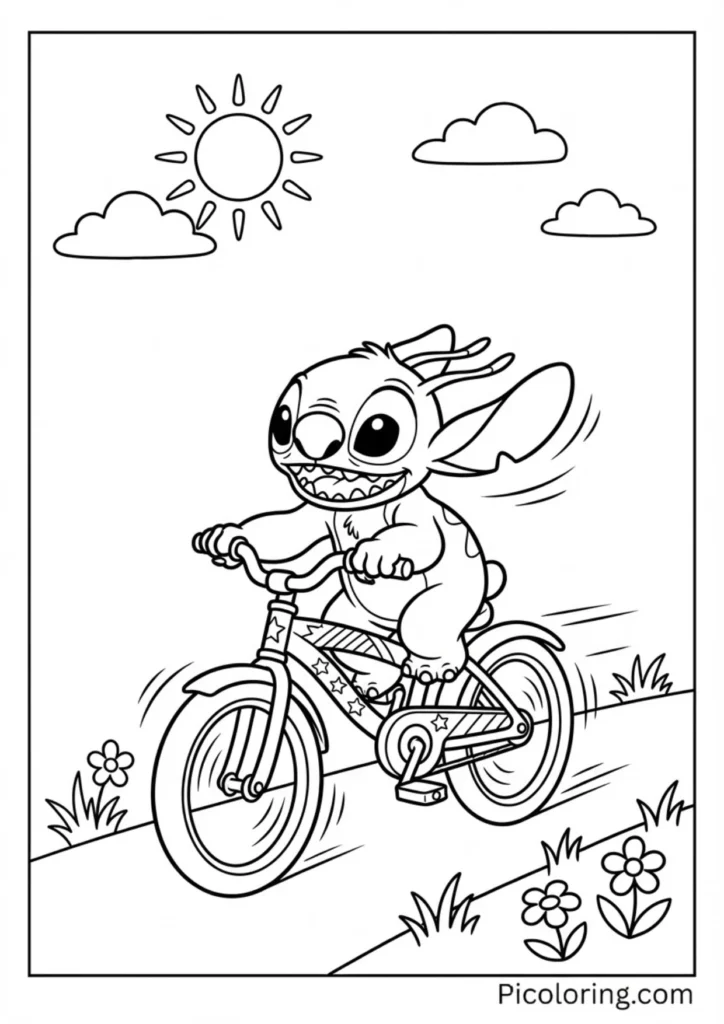 Stitch pedaling a colorful bike down a sunny path