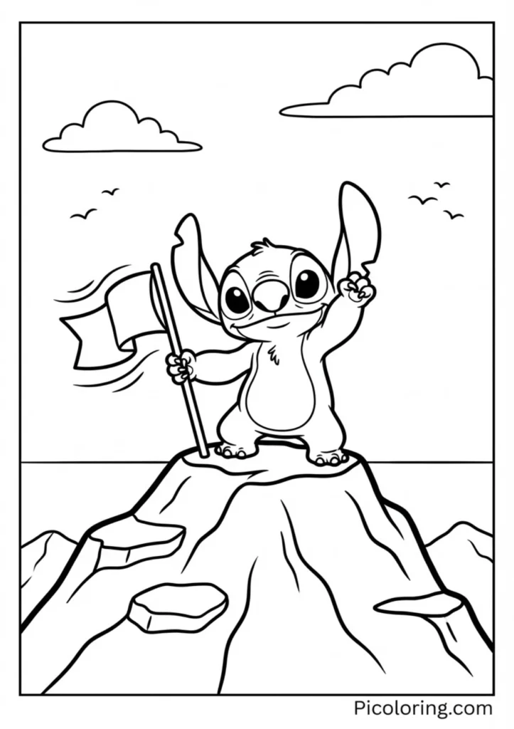 Stitch reaching the top of a mountain with a flag
