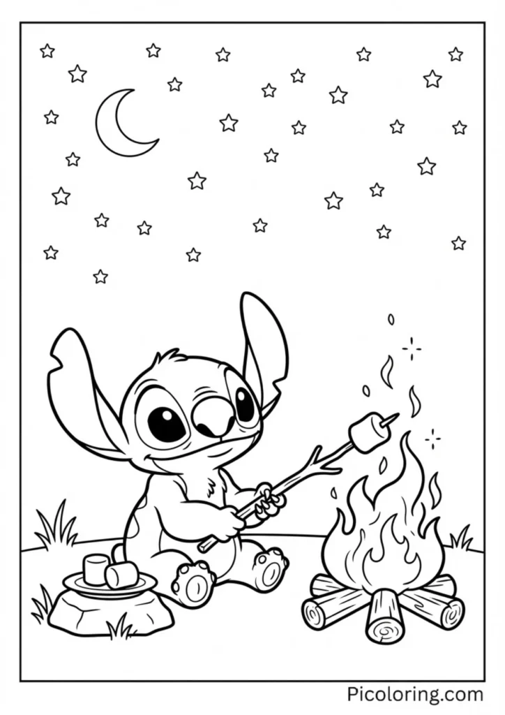 Stitch roasting marshmallows by a campfire under the stars