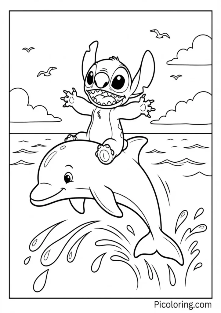 Stitch sitting on a friendly dolphin jumping out of the ocean