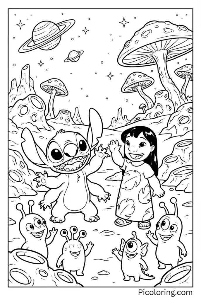 Stitch waving hello to cute little aliens on a strange planet