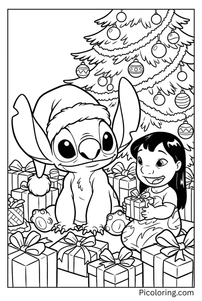 Stitch wearing a Santa hat surrounded by wrapped gifts and a tree