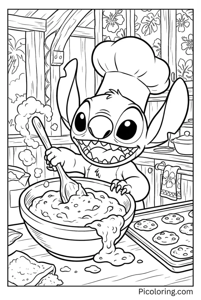 Stitch wearing a chef hat mixing cookie dough in a big bowl