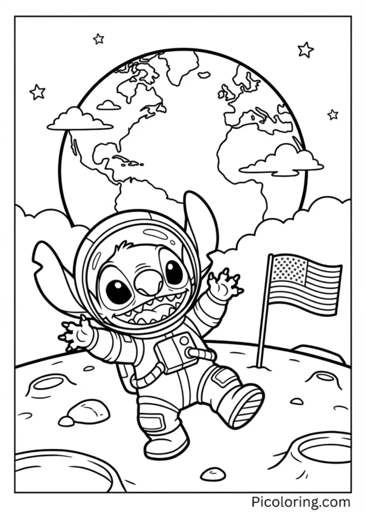 Stitch wearing a space suit standing on the moon with Earth in the background
