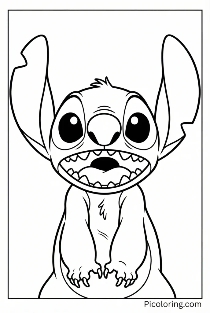 Stitch with wide eyes and ears up looking totally shocked