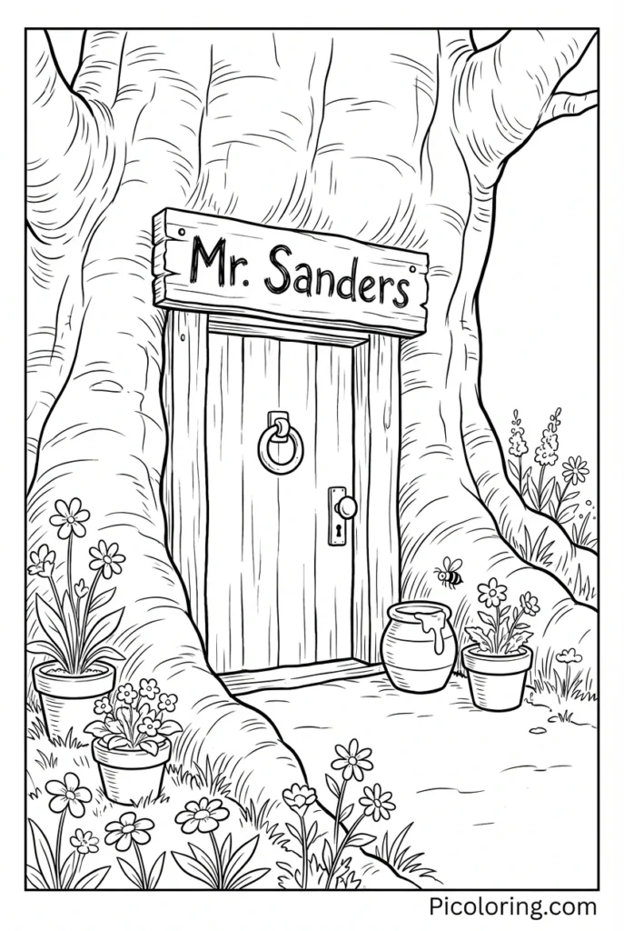 The cozy entrance to Pooh home with Mr. Sanders sign