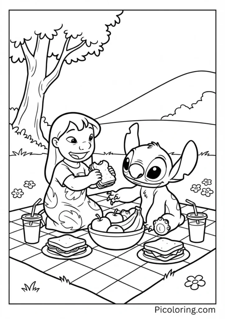 The duo sitting on a blanket with sandwiches, fruits, and drinks