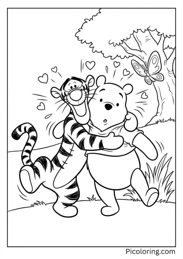 Tigger giving Winnie the Pooh a big surprise hug
